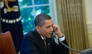 US President Barack Obama talks on the p