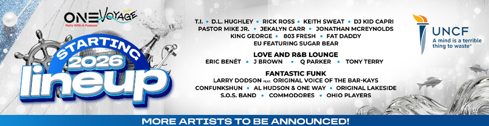 One Voyage festival lineup poster featuring musical artists performing in 2026, including T.I., D.L. Hughley, Rick Ross, Keith Sweat, DJ Kid Capri, and others.