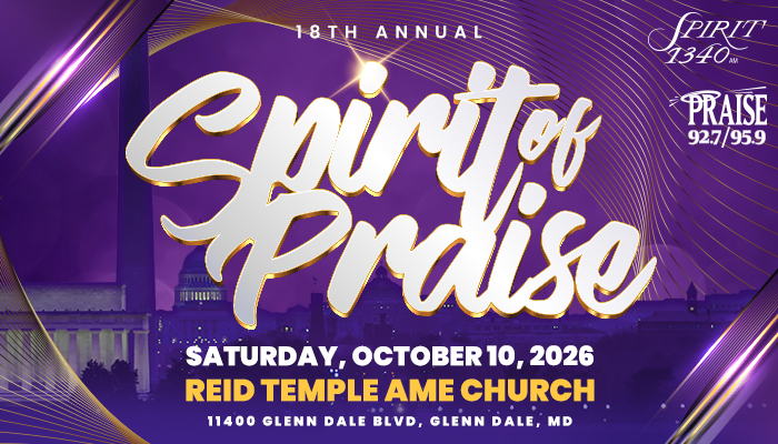 18th Annual Spirit of Praise event poster with purple and gold design, featuring event details for Saturday, October 10, 2026 at Reid Temple AME Church in Glenn Dale, MD.