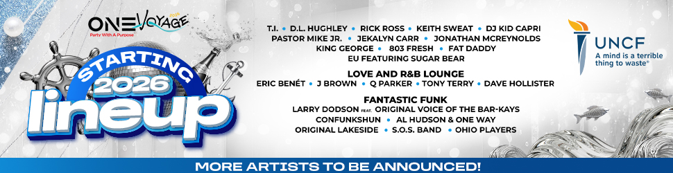 One Voyage music festival poster featuring lineup of artists performing in 2026 including T.I., D.L. Hughley, Rick Ross, Keith Sweat, DJ Kid Capri, and more.