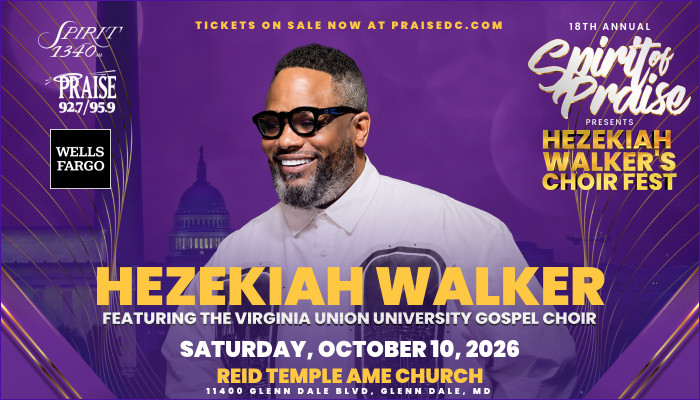 Hezekiah Walker, a smiling man with a beard wearing sunglasses, featured in a poster for the 18th Annual Spirit of Praise Presents Hezekiah Walker's Choir Fest on October 10, 2026 at Reid Temple AME Church.