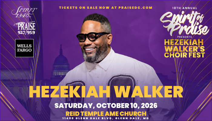 Hezekiah Walker, a smiling Black man wearing sunglasses, on a concert poster for the 18th Annual Spirit of Praise Hezekiah Walker's Choir Fest on October 10, 2026 at Reid Temple AME Church.