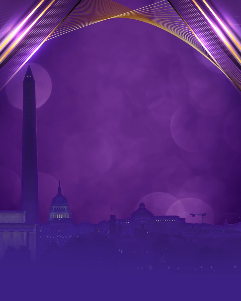 Nighttime cityscape with the U.S. Capitol building and Washington Monument silhouetted against a vibrant purple sky, framed by glowing architectural elements.
