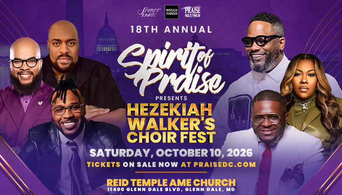 Promotional poster for the 18th Annual Spirit of Praise event, featuring Hezekiah Walker's Choir Fest on October 10, 2026 at Reid Temple AME Church.